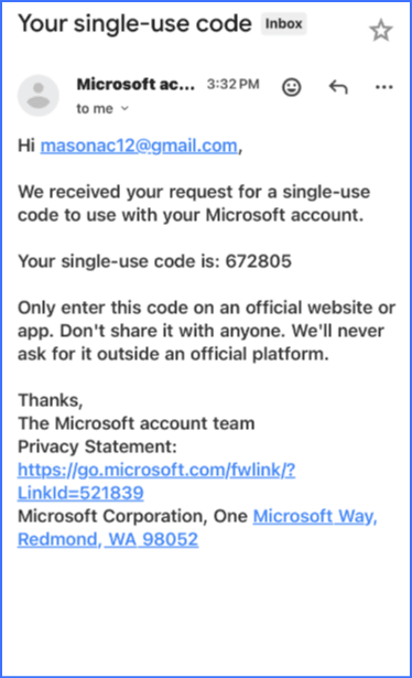 Example email from Microsoft with single-use code circled
