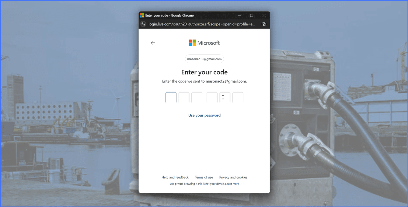 Microsoft authentication screen with single-use code input field circled