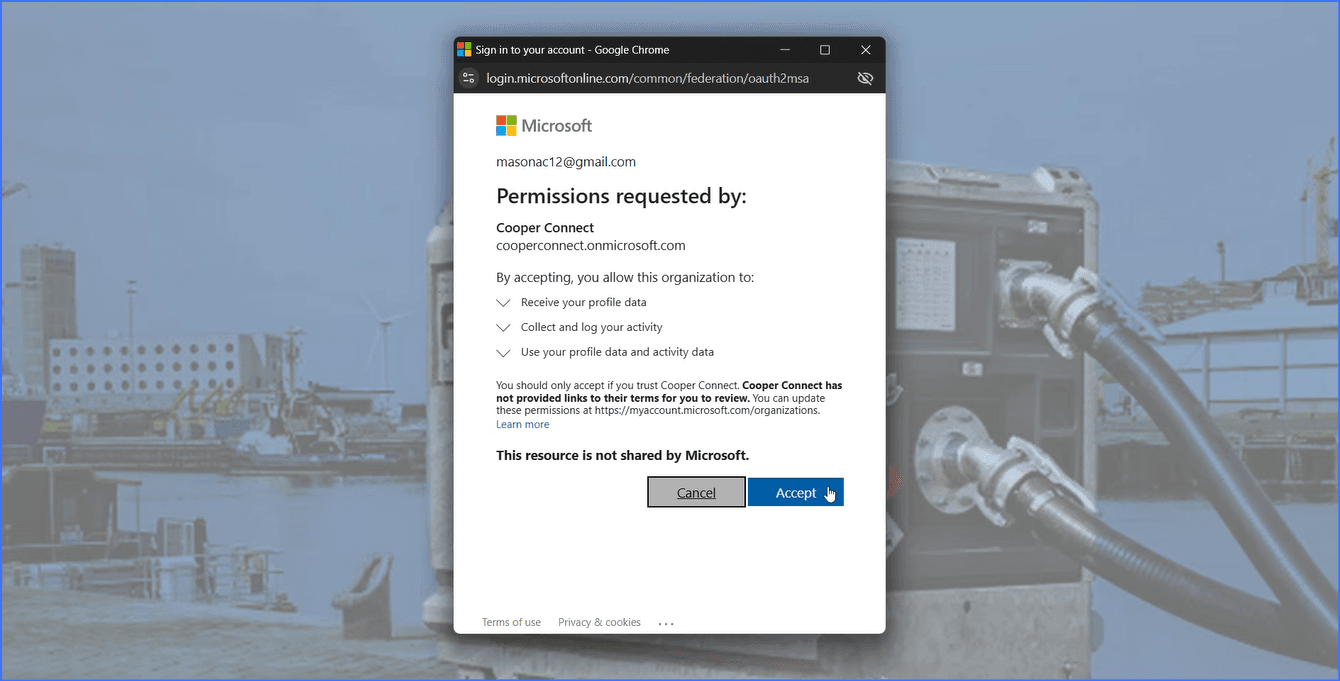 Microsoft permissions popup with accept button circled