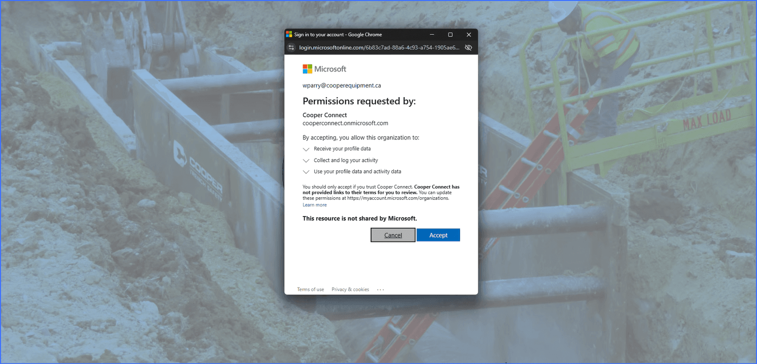 Microsoft permissions popup with accept button circled