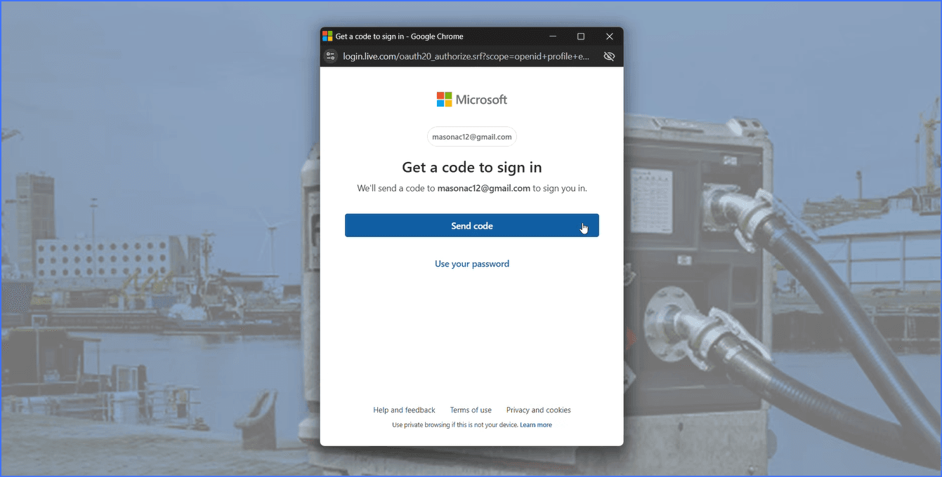 Microsoft authentication screen with send code button circled