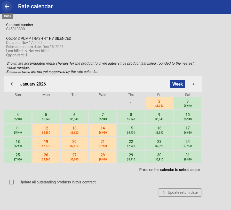 Real-time rate calendar for best days, times, and length of rentals 